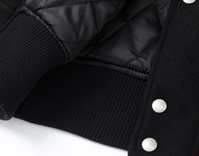 S13#P676, offwhite heavy-duty embroidery patchwork leather high-temperature hot-scaling crystal diamond baseball down jacket, the body is made of wool fabric, couple style jacket, black size: S M L XL